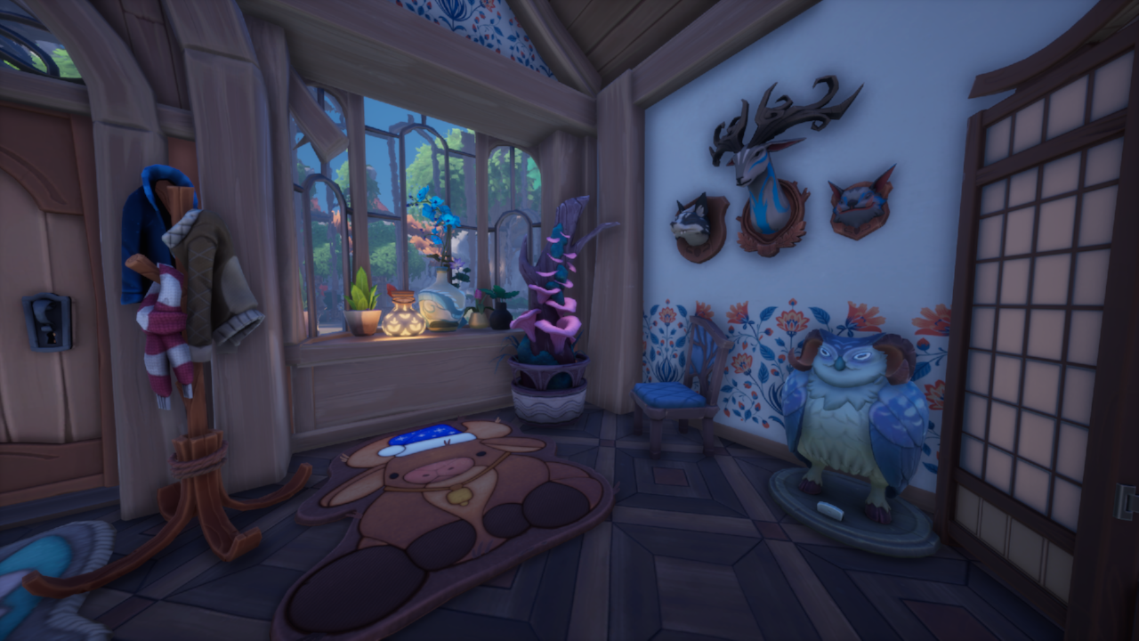 living room bay window with plants and trophies