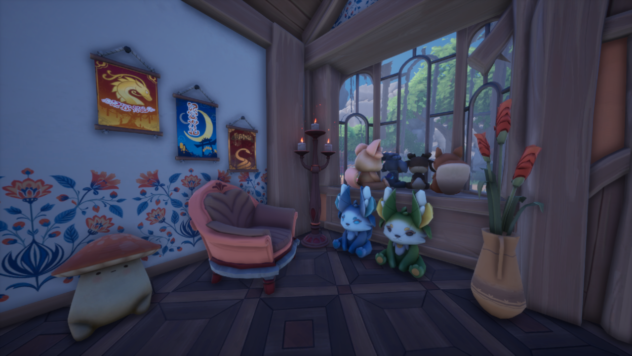 living room bay window with plushies