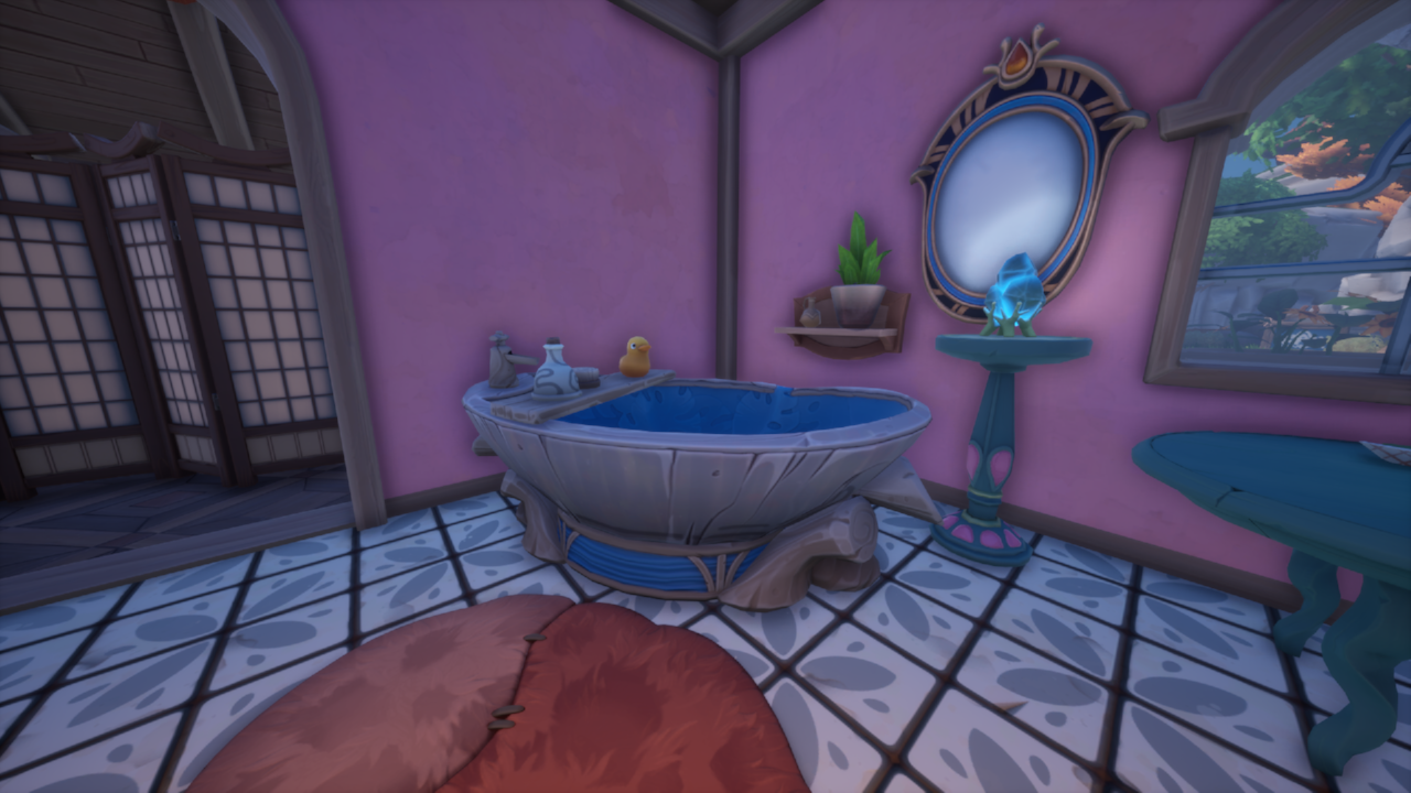 bathroom corner in pink and blue bedroom