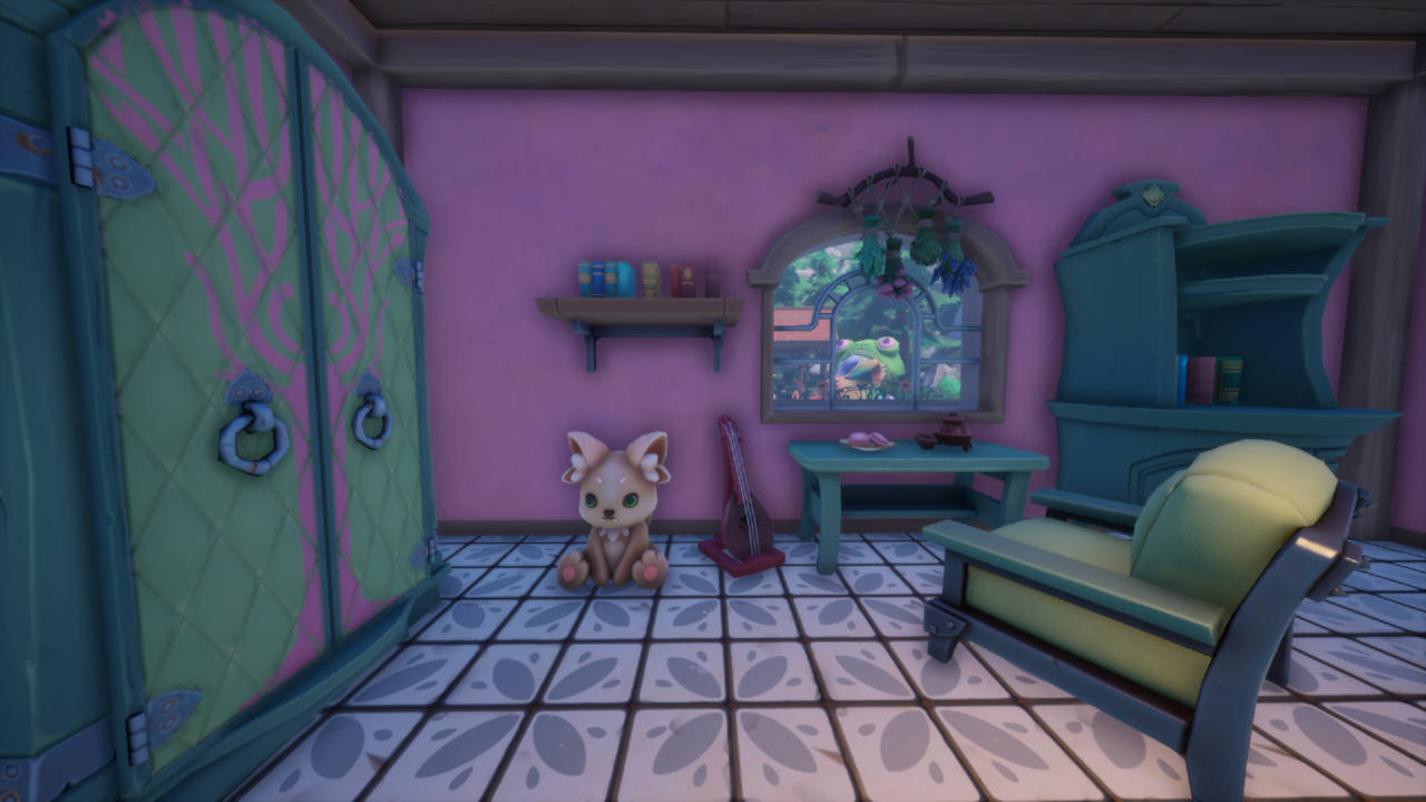 pink and blue bedroom with wardrobe and desk