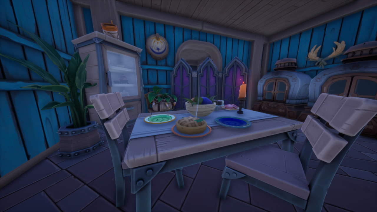 kitchen table, cupboard, and stoves