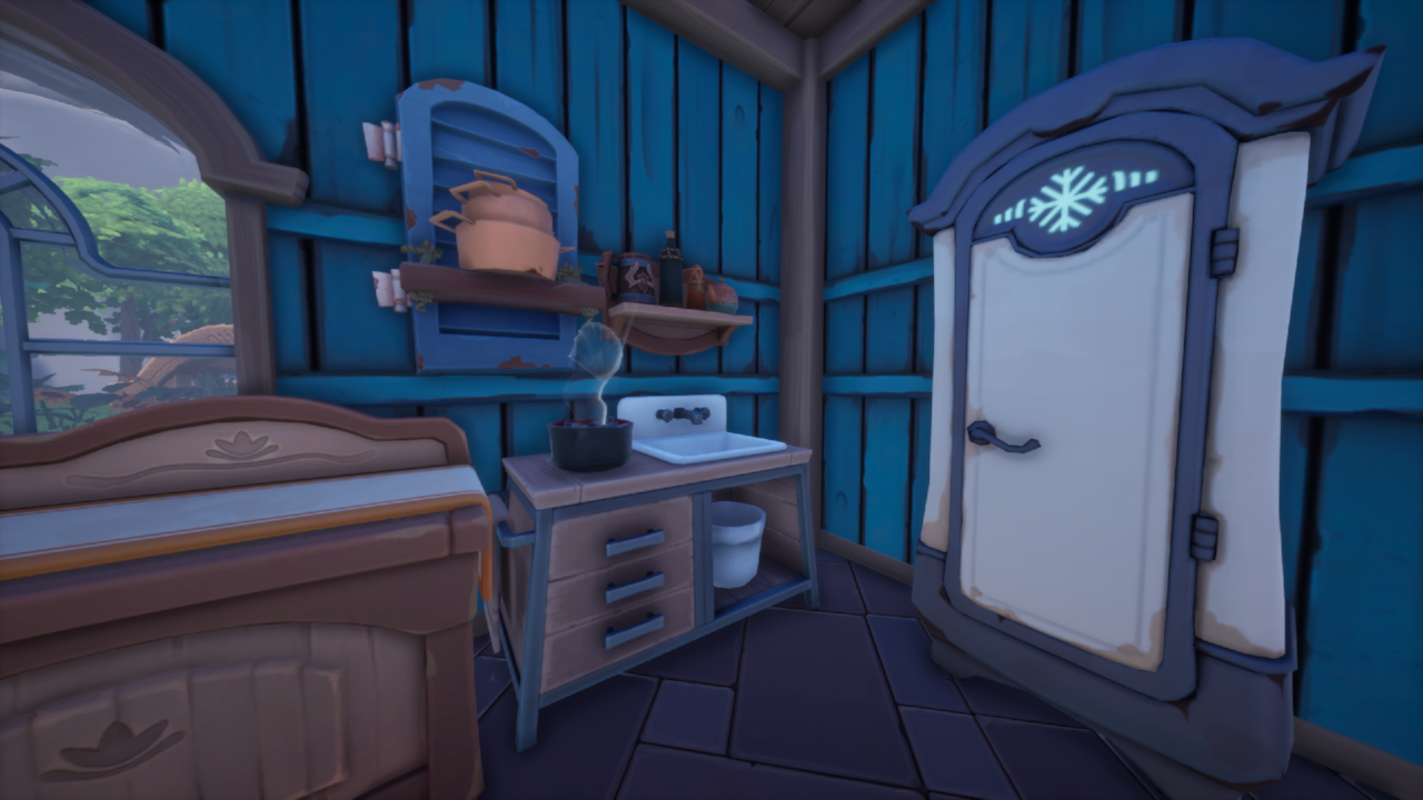 kitchen sink, refrigerator, and shelves