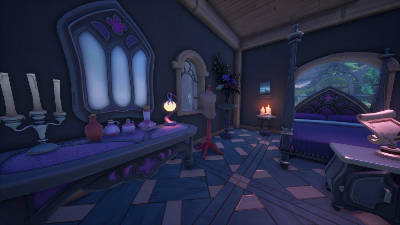 purple and black bedroom with vanity and bed