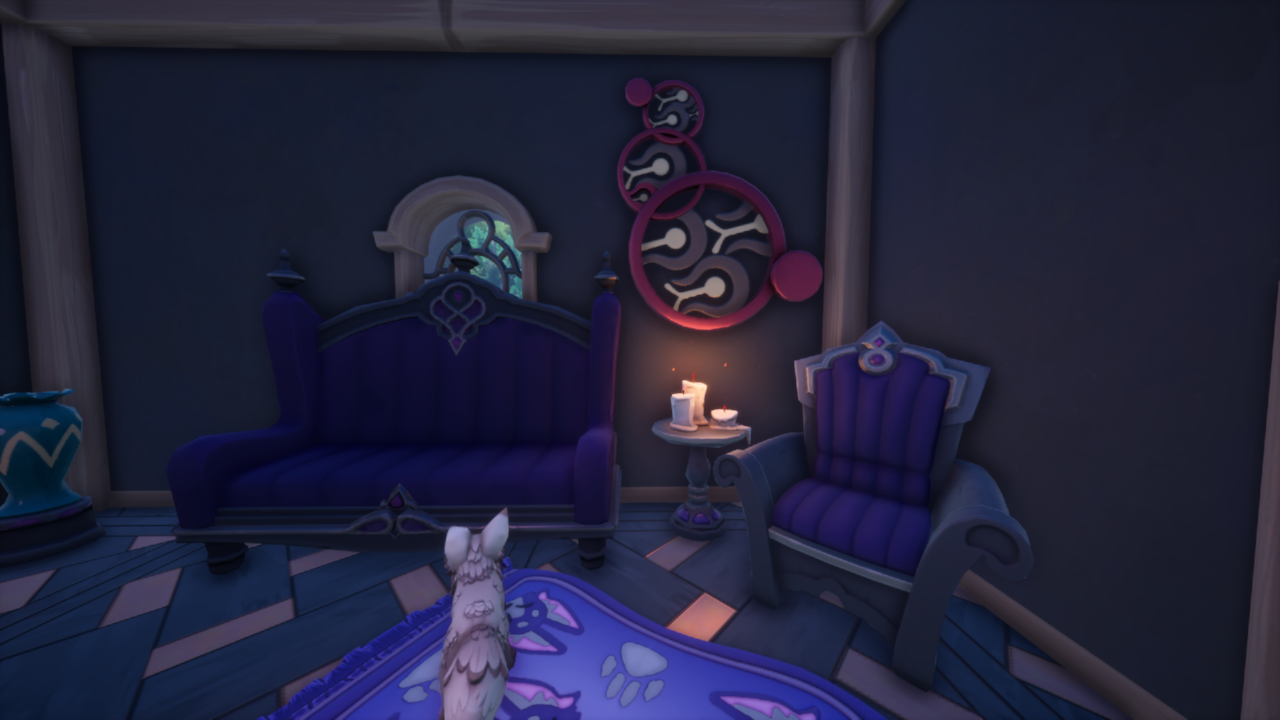 purple and black bedroom seating area