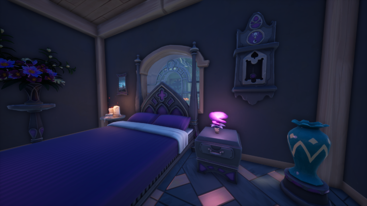 purple and black bedroom area with bed